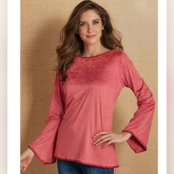 Soft Surroundings Tops - Soft Surroundings Pink Faux Suede Tunic Top Boho Bell Sleeve Pullover Women’s M